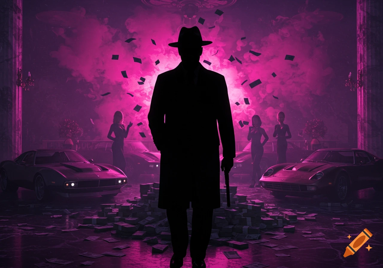A silhouetted gangster stands amidst piles of money, exotic cars, and women, backlit by vibrant pink and purple smoke in a lavish room.