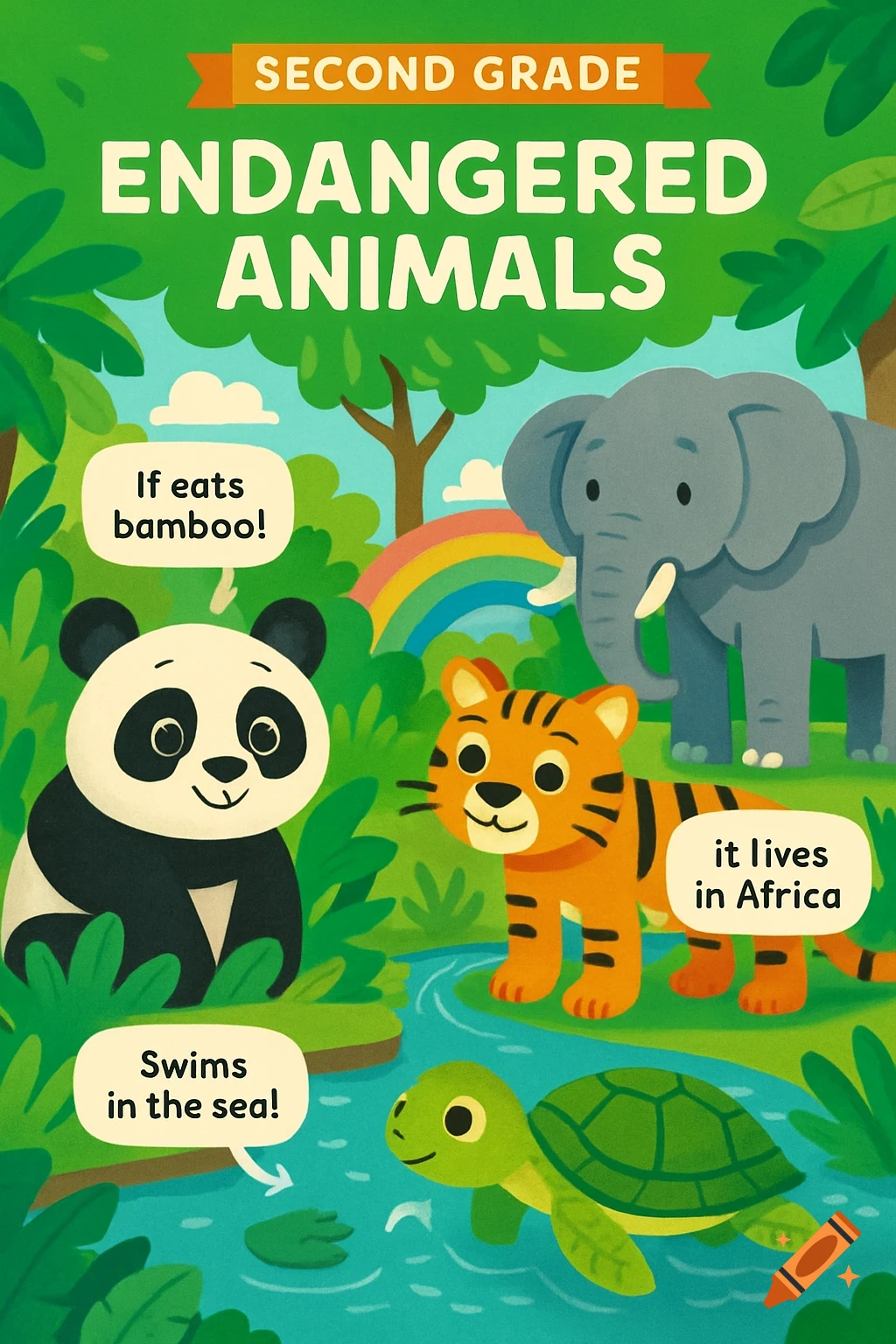 A colorful cartoon infographic for 'Second Grade Endangered Animals' featuring a panda, tiger, elephant, and sea turtle, with text bubbles about their characteristics in a lush jungle setting.