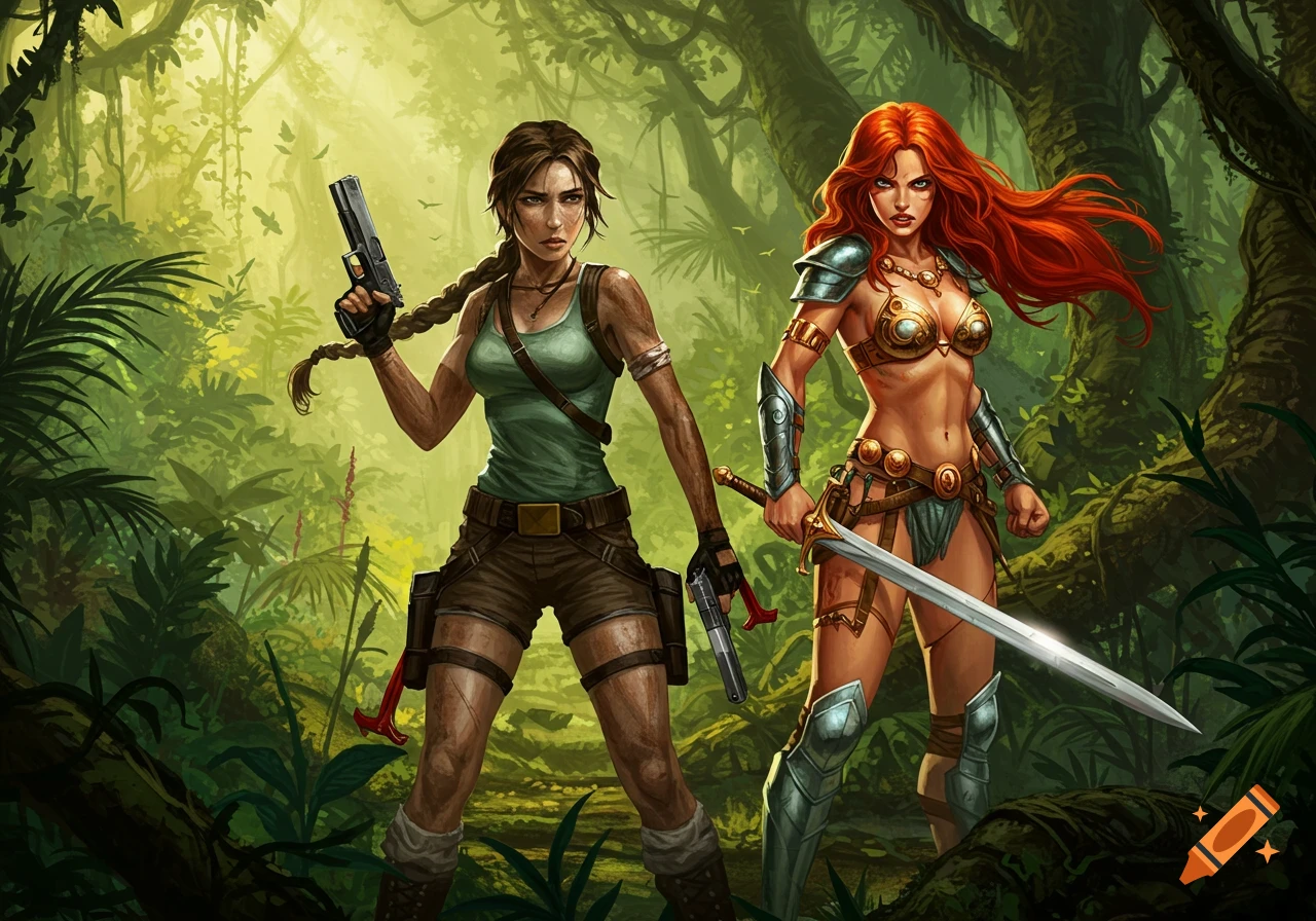 Lara Croft with pistols and Red Sonja with a sword stand heroically in a lush jungle, in a comic art style.