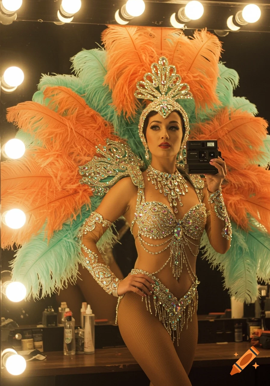 A showgirl in a sparkling rhinestone and feather costume stands in a glamorous dressing room, holding a vintage Polaroid camera.