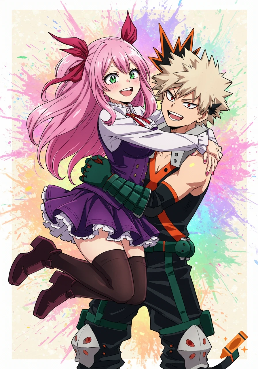 Anime-style illustration of a pink-haired girl in a purple dress hugging Bakugo from My Hero Academia against a colorful splatter background.