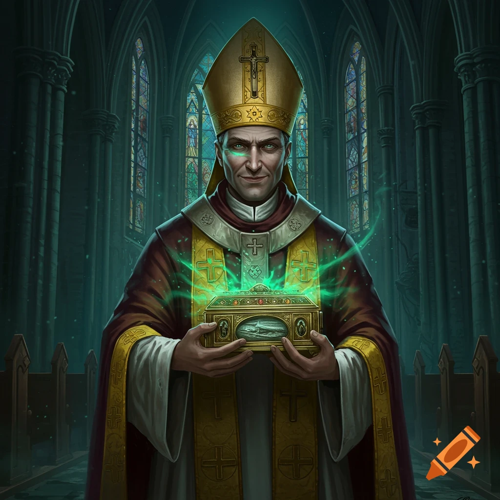 A sinister fantasy bishop with glowing green eyes holds an ornate, glowing box in a dark gothic church.