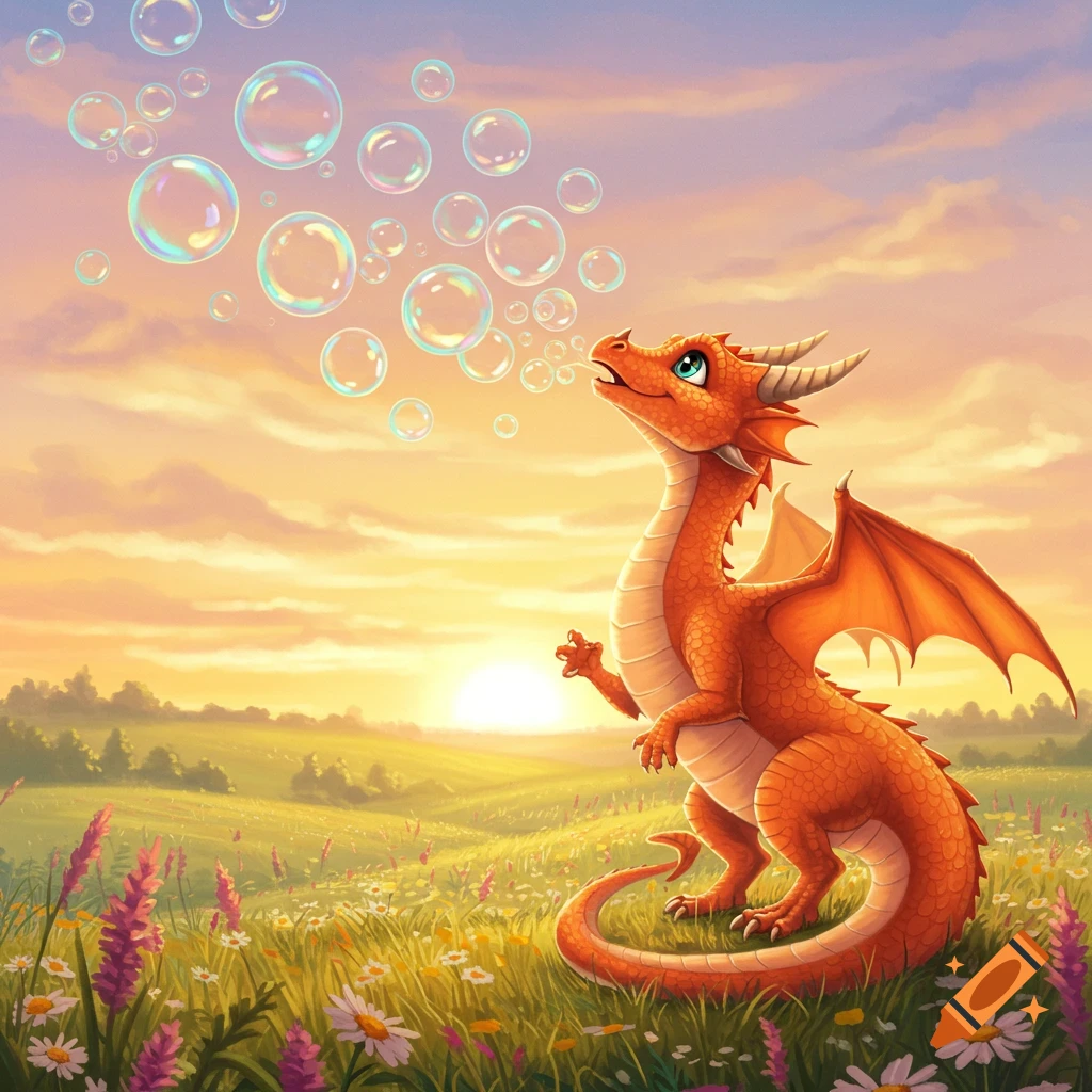 A vibrant, cartoon-style orange dragon blows shimmering bubbles in a sunlit field of wildflowers at sunset.