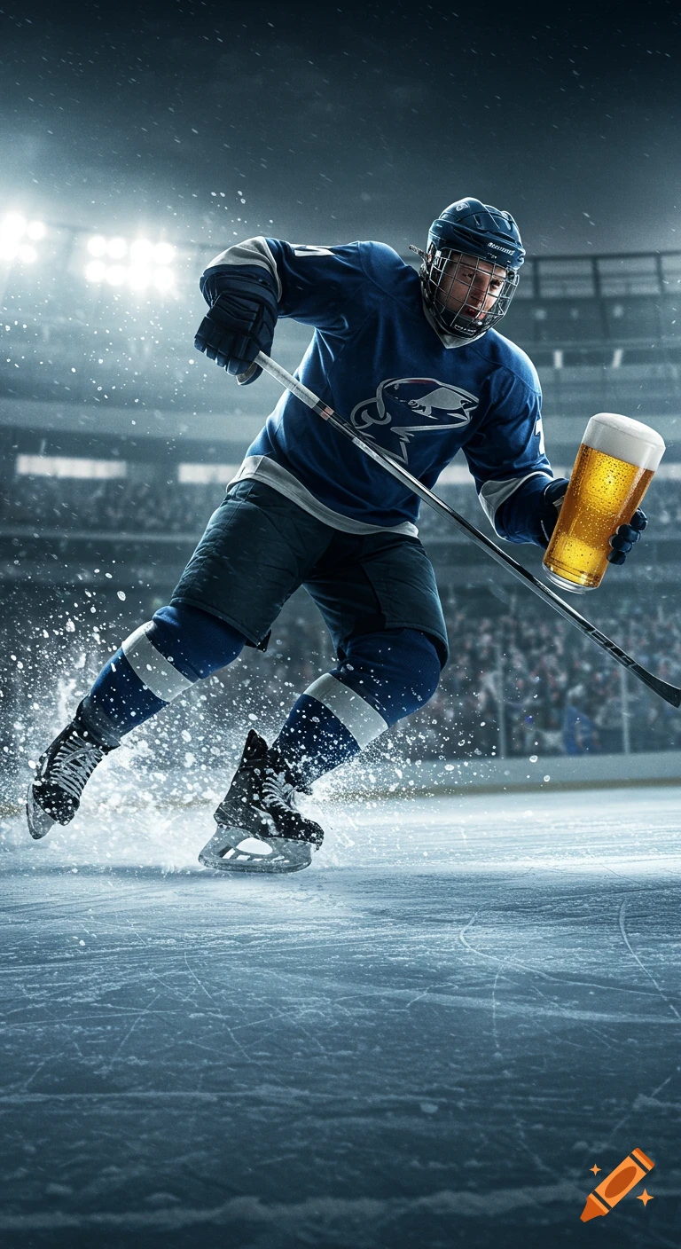 Photorealistic image of a hockey player in blue gear skating on ice in a stadium, holding a glass of beer.