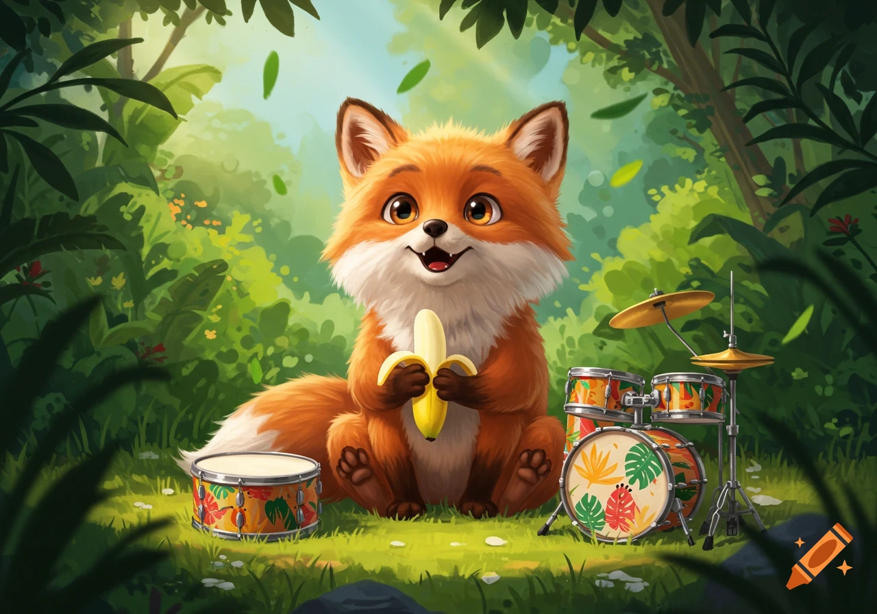 A cute cartoon fox sits in a lush jungle, peeling a banana, next to a colorful drumset decorated with tropical leaves.
