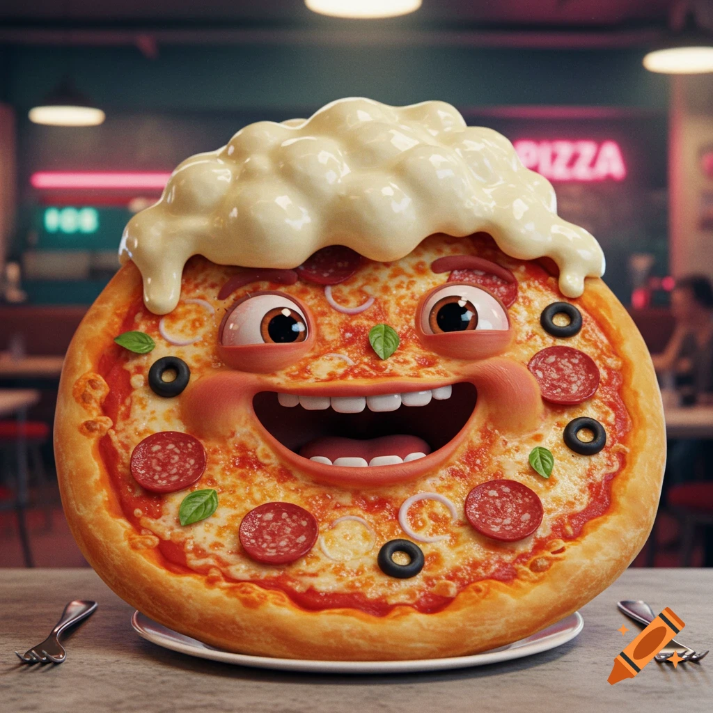 A happy, anthropomorphic pizza character with pepperoni, olives, and cheese, topped with a wavy cream-like substance for hair, sits on a table in a restaurant.
