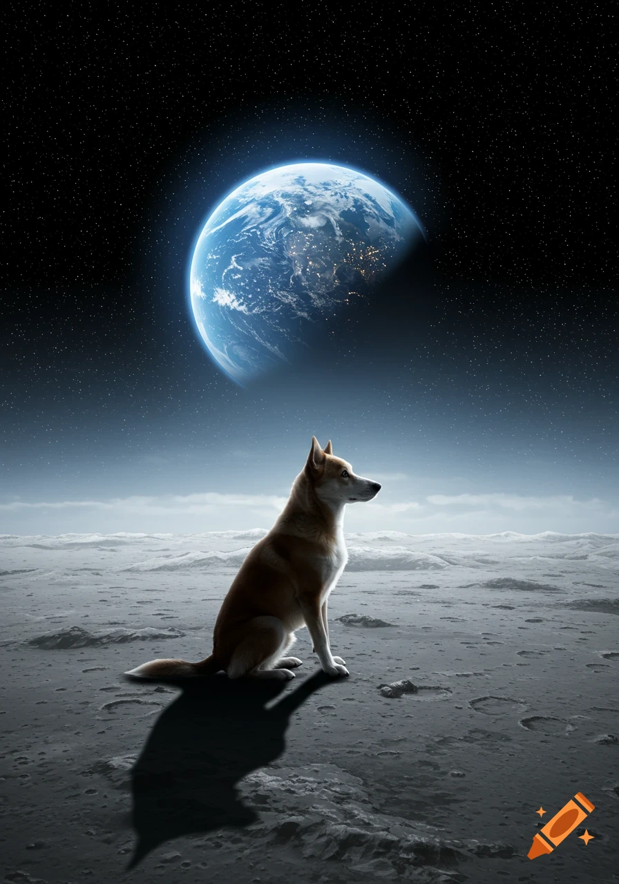 A photorealistic Shiba Inu dog sits on the moon's cratered surface, gazing at Earth in the dark, star-filled sky.