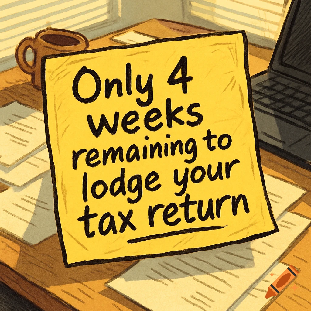 Illustration of a yellow sticky note on a desk reading 'Only 4 weeks remaining to lodge your tax return'.