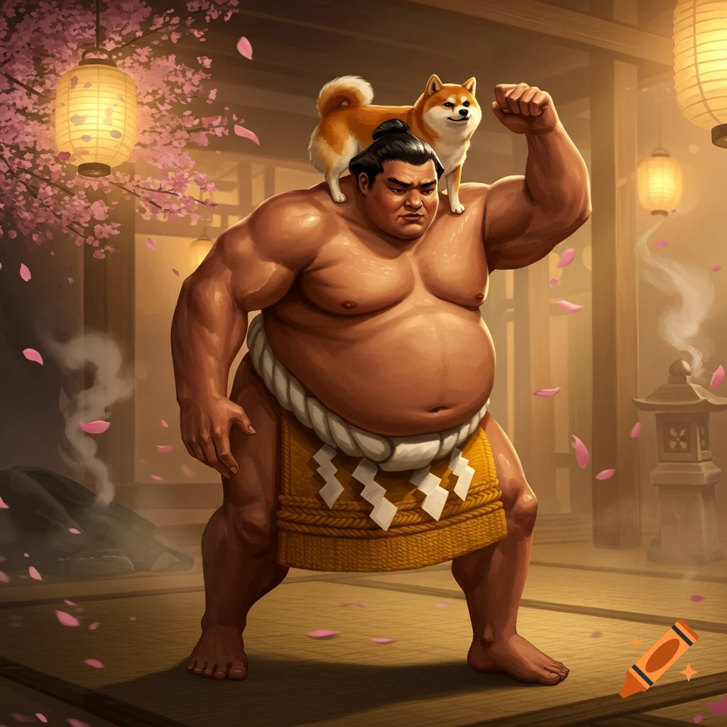 Stylized illustration of a powerful sumo wrestler with a Shiba Inu on his shoulder, posing in a traditional Japanese room with cherry blossoms.