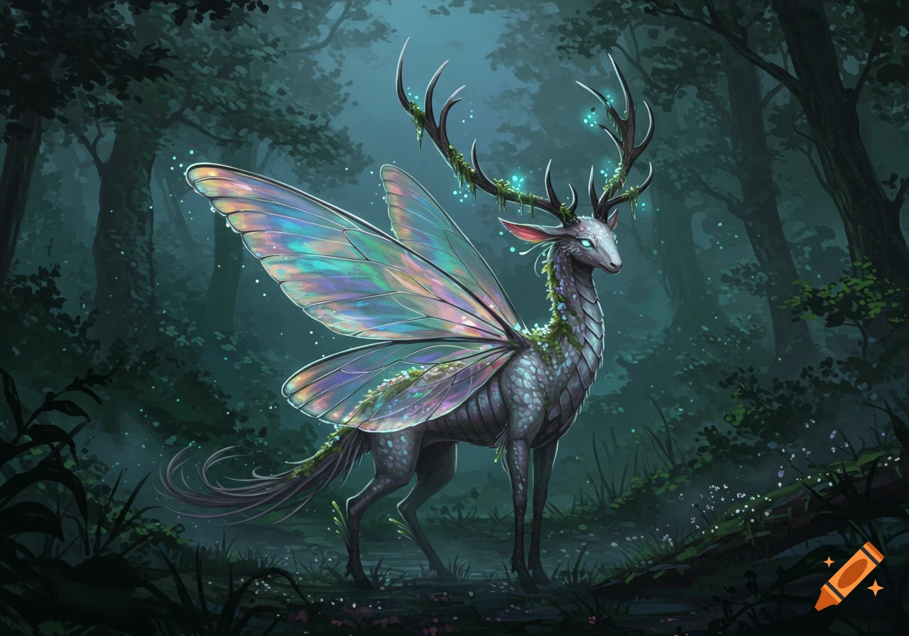 A mythical deer-like creature with iridescent butterfly wings and glowing antlers stands in a dark, mystical forest.