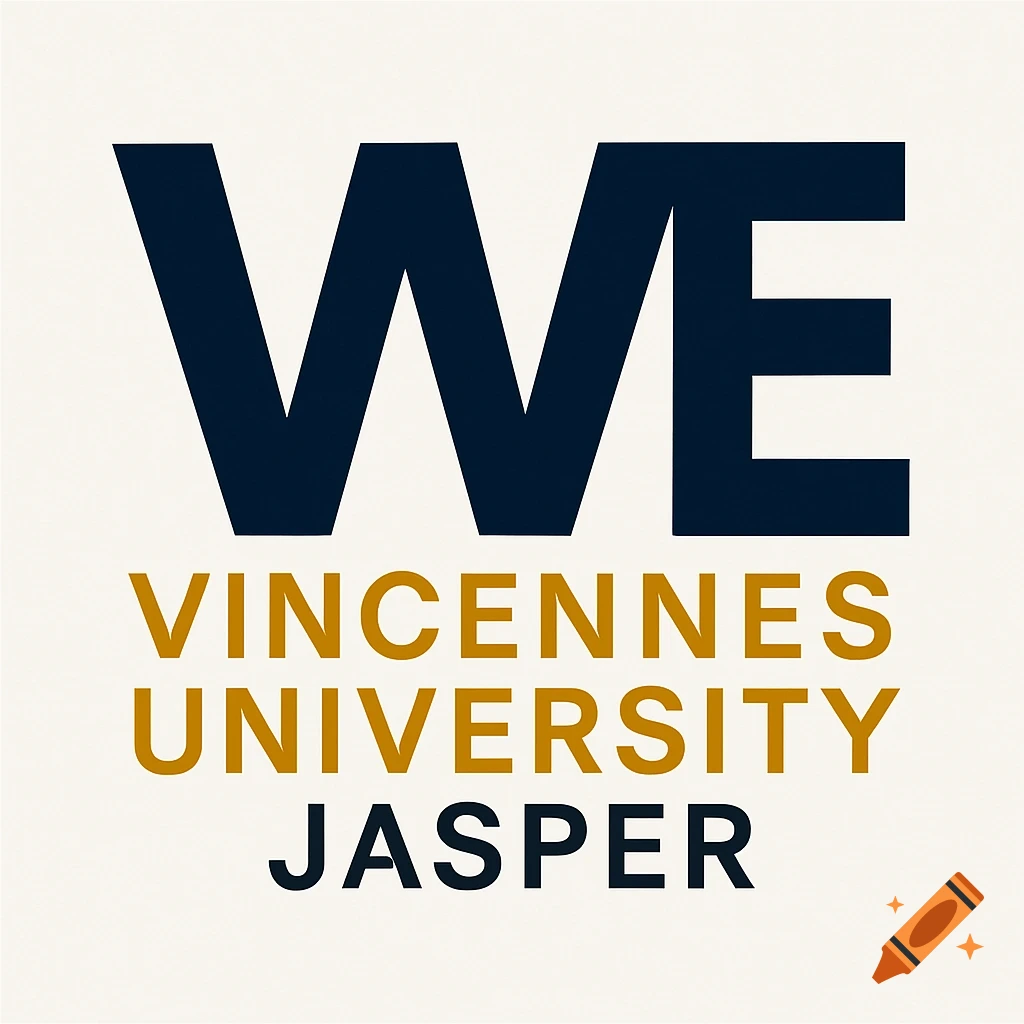 A minimalist logo with large dark blue 'WE' above smaller gold 'VINCENNES UNIVERSITY' and dark blue 'JASPER' on a light background.