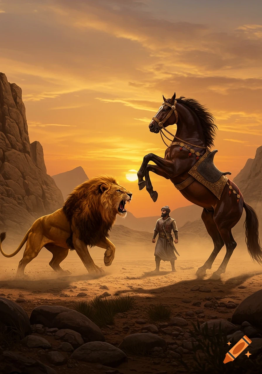 A dramatic illustration of a roaring lion facing a man and a rearing horse in a desert at sunset.