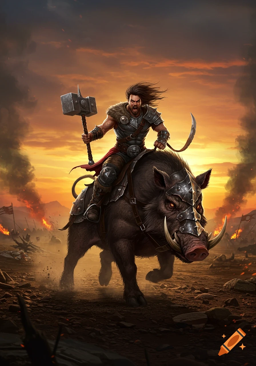 A muscular warrior with a hammer rides an armored warthog through a fiery battleground at sunset.