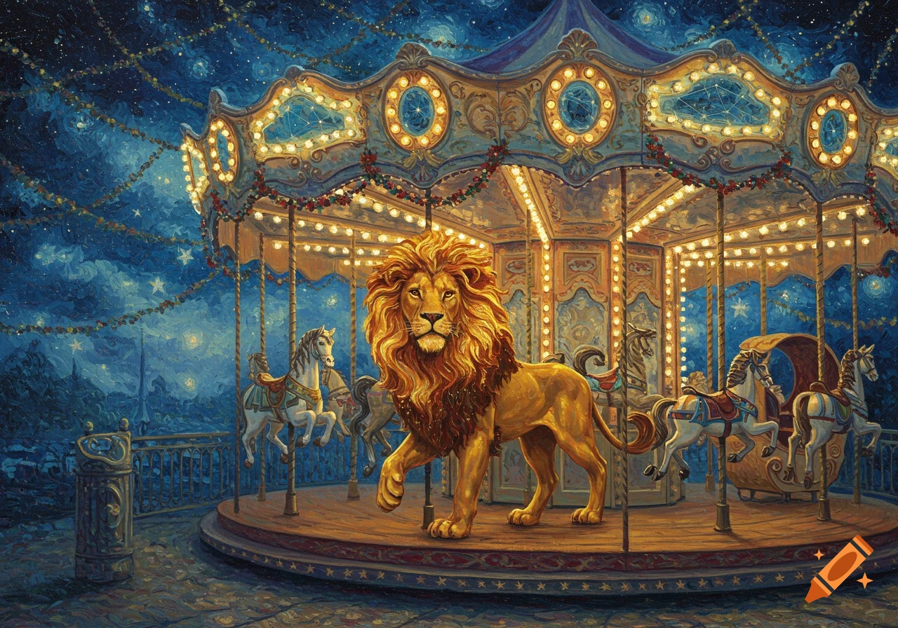 An oil painting of a majestic golden lion standing on a brightly lit carousel under a starry night sky.