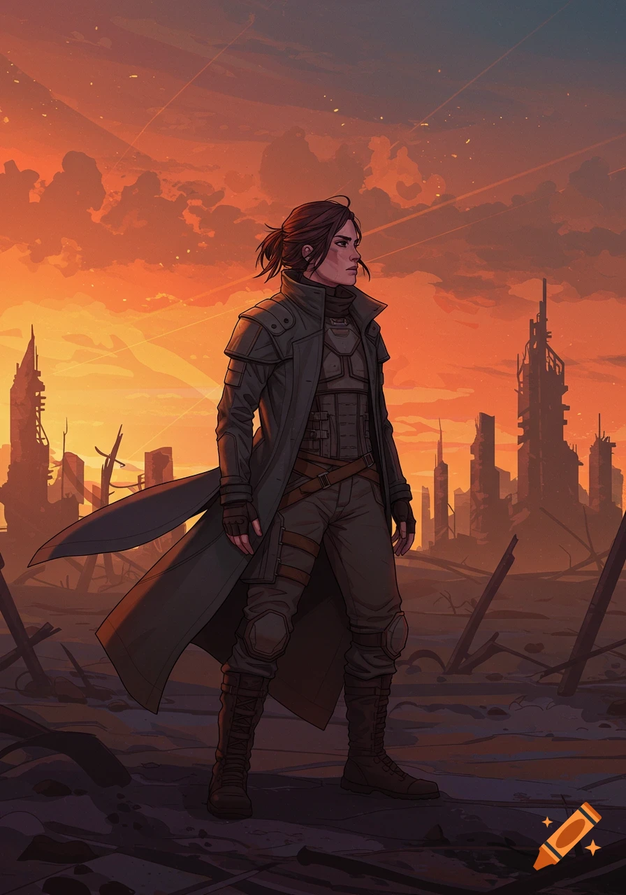 A flat-shaded illustration of a woman in a duster coat standing in a ruined, apocalyptic city at sunset.