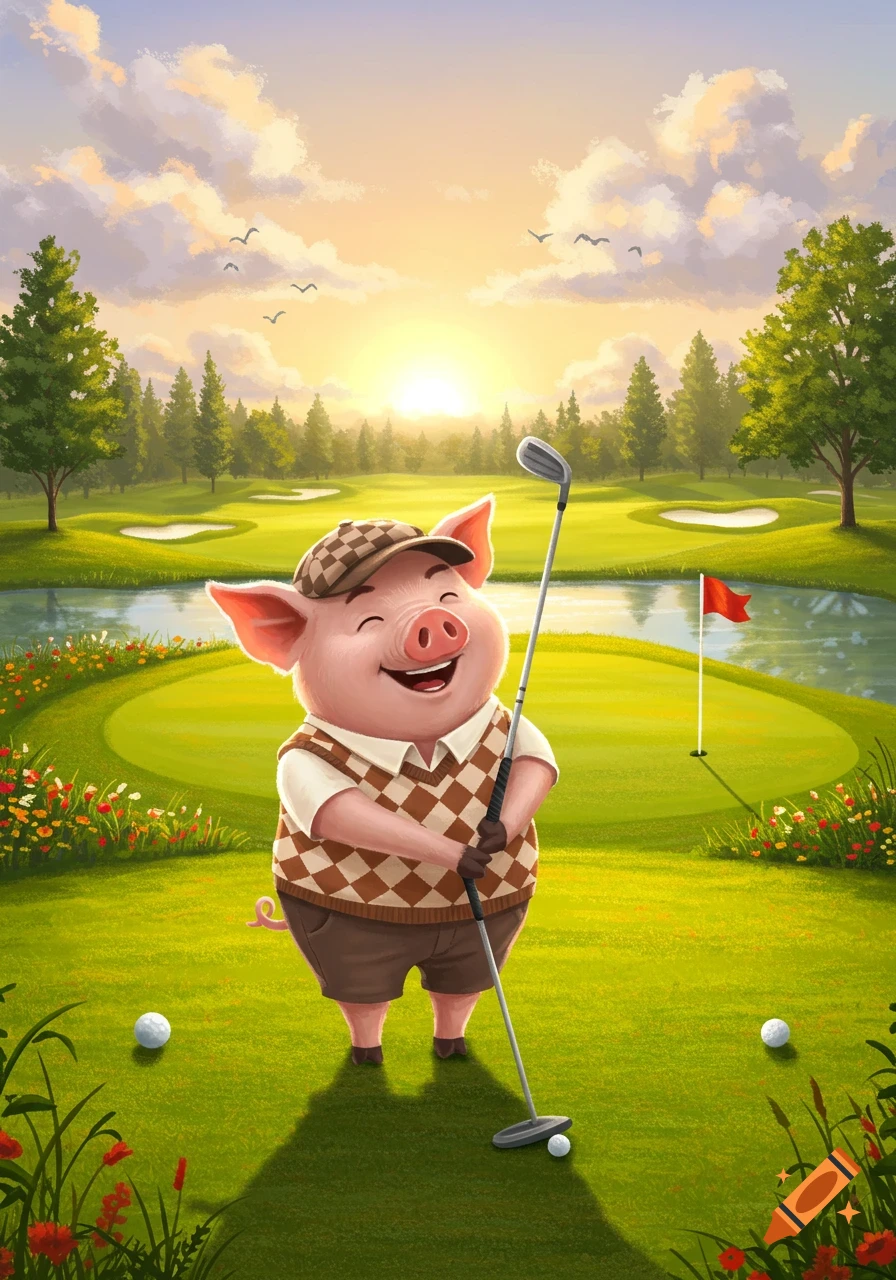A joyful cartoon pig golfer in a cap and argyle vest stands on a sunny golf course with a club and golf balls.