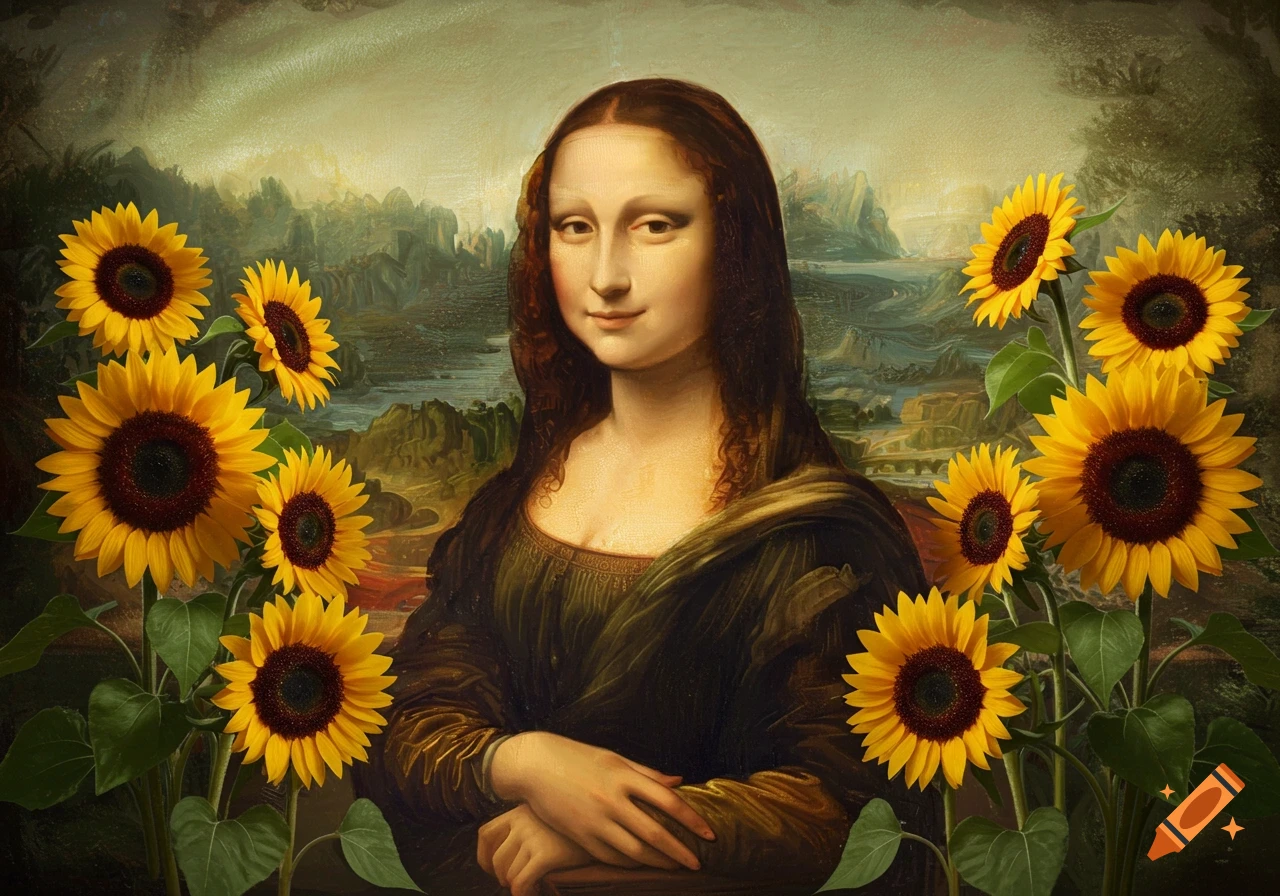 The Mona Lisa portrait surrounded by vibrant yellow sunflowers against a hazy landscape, in a classical painting style.