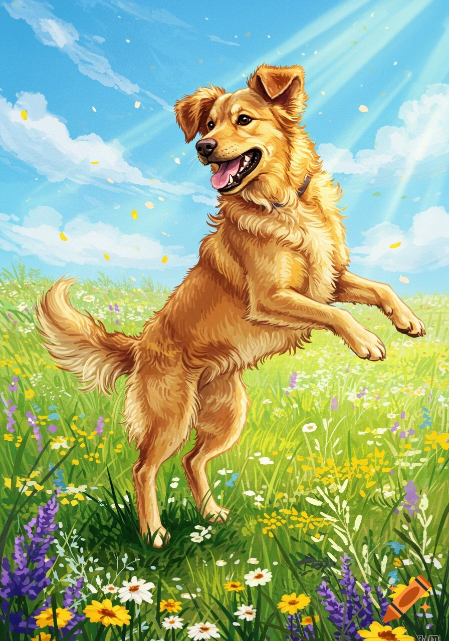Vibrant illustration of a happy golden dog jumping in a field of colorful wildflowers under a sunny blue sky.