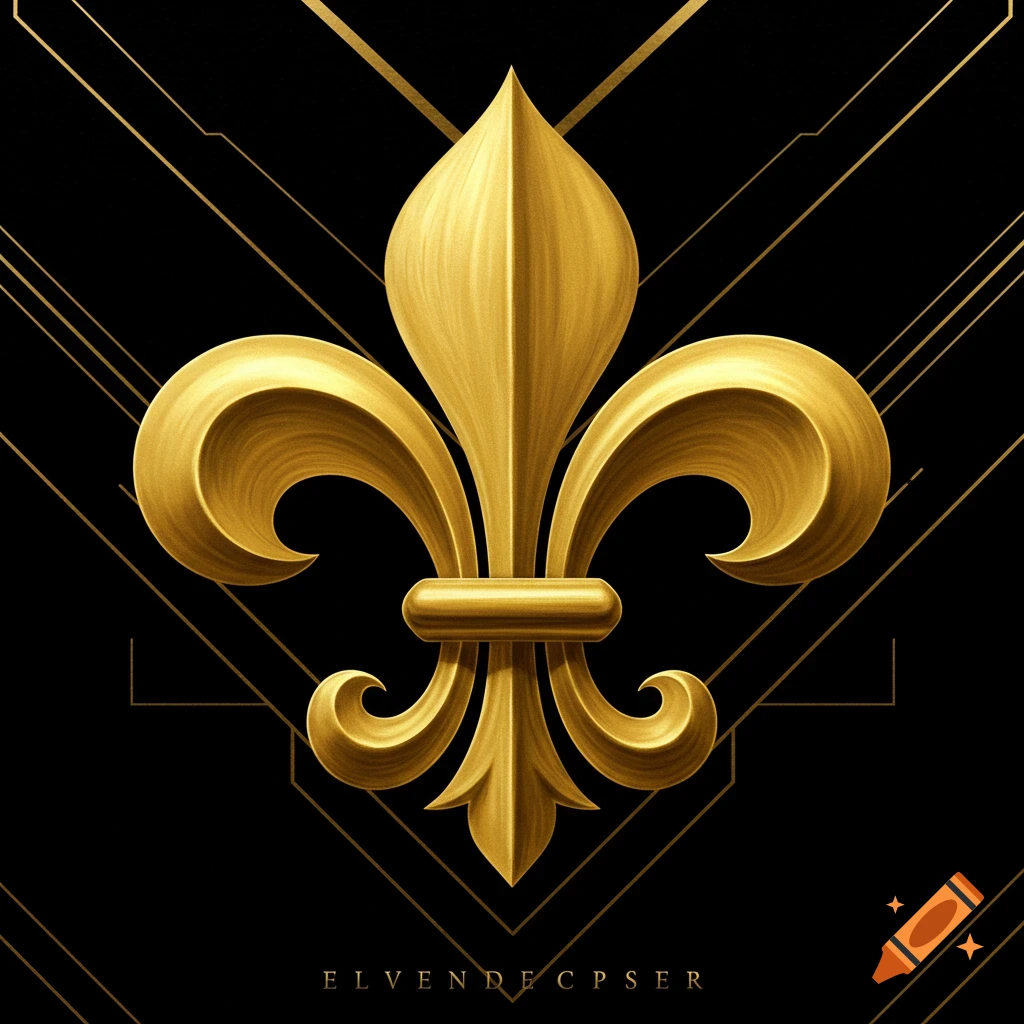 A radiant golden fleur-de-lis symbol on a black background with angular gold art deco lines.
