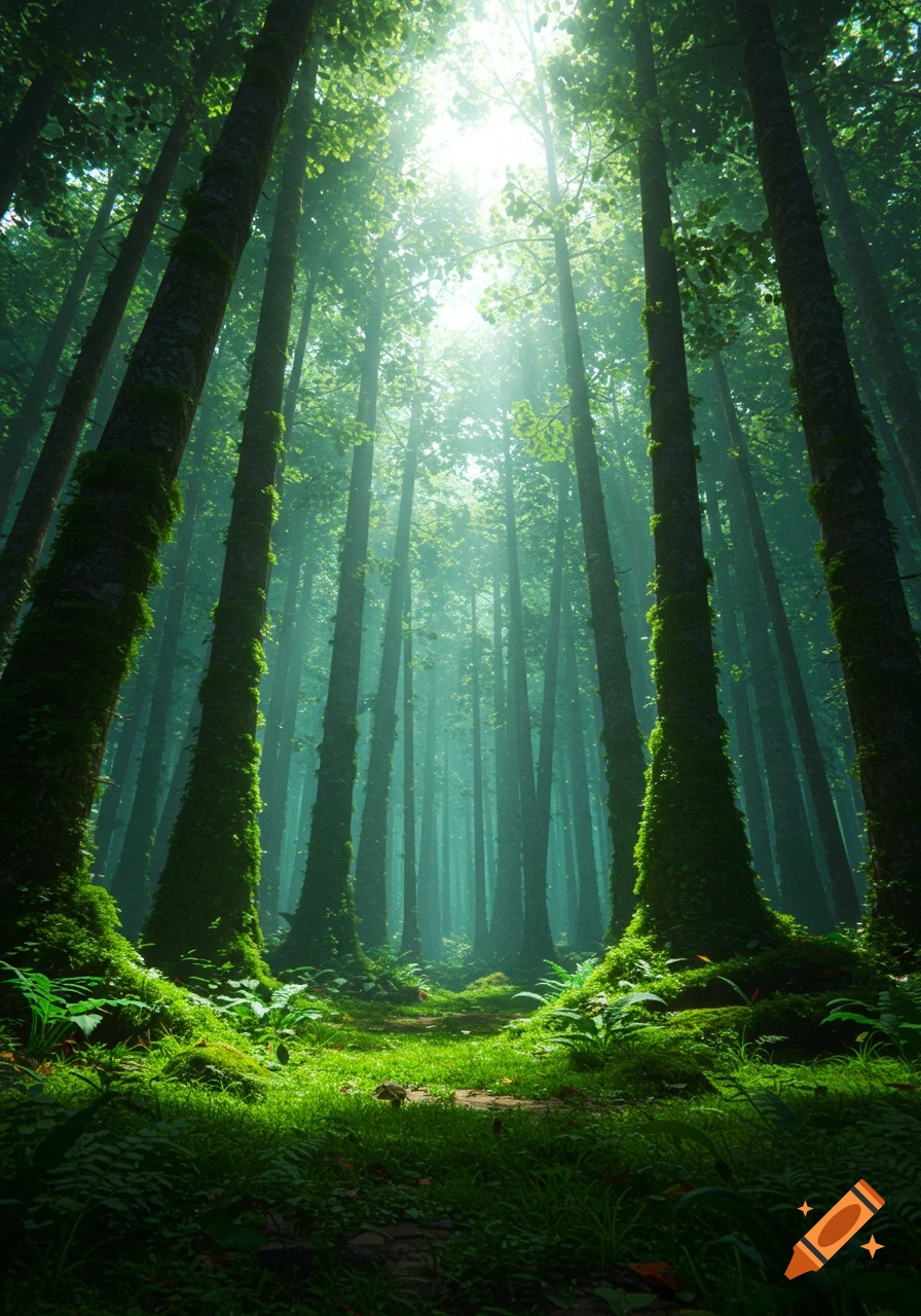 A lush, green forest with tall moss-covered trees, sunlight filtering through the canopy, creating a dreamy, ethereal glow.