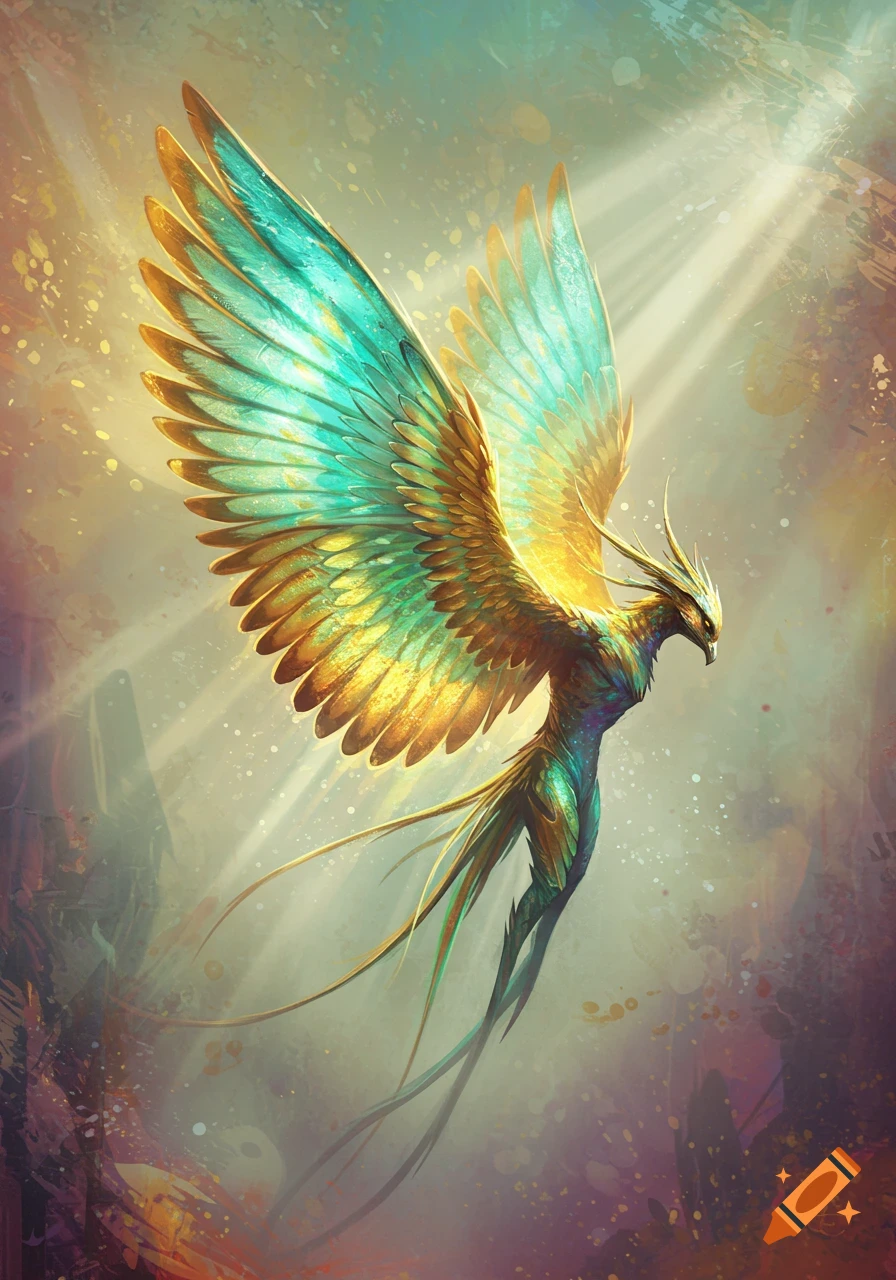 Vibrant golden and teal phoenix-like creature with large wings soars in radiant light.