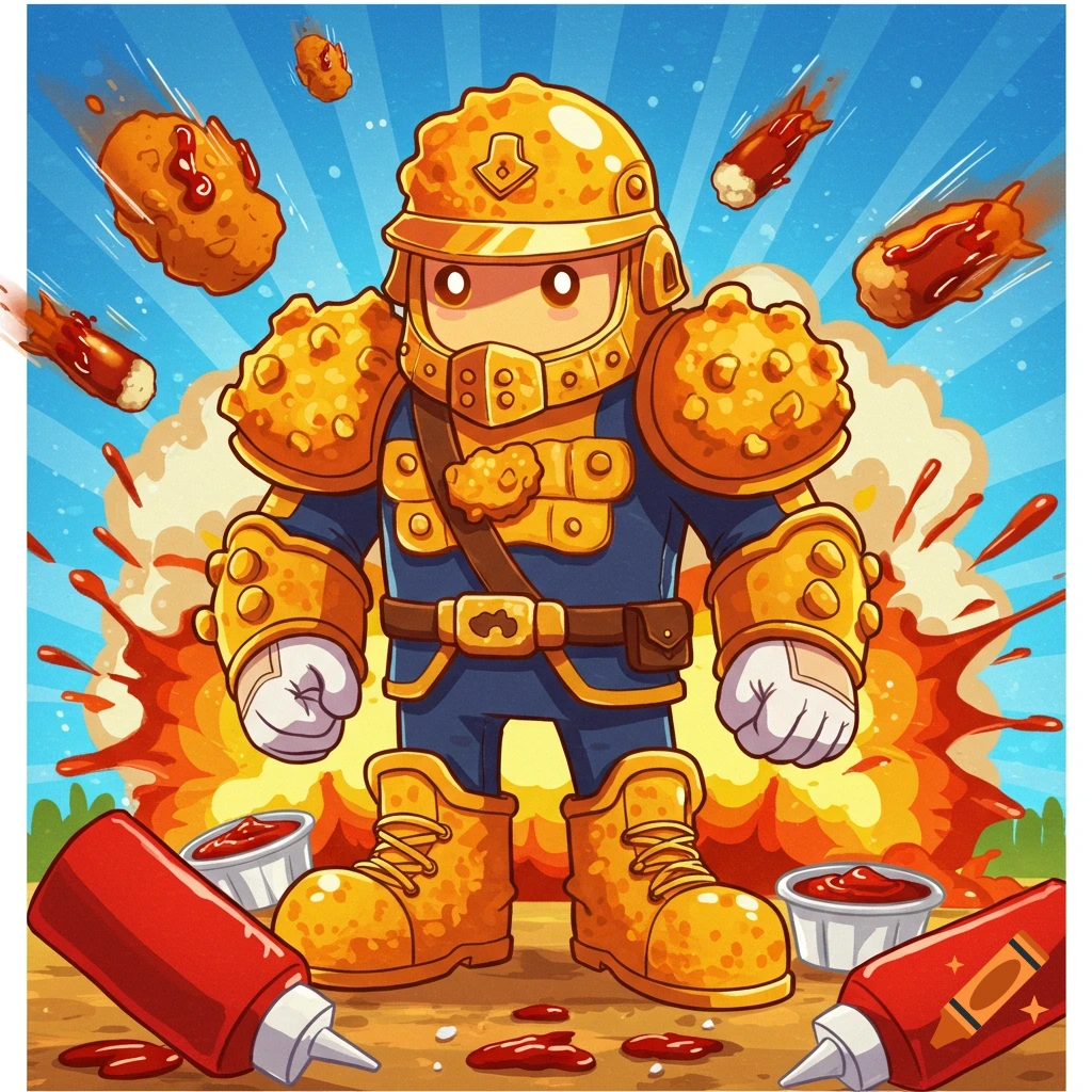 A cartoon soldier made of chicken nuggets with gold armor stands before a sauce explosion, with flying nuggets and ketchup bottles.