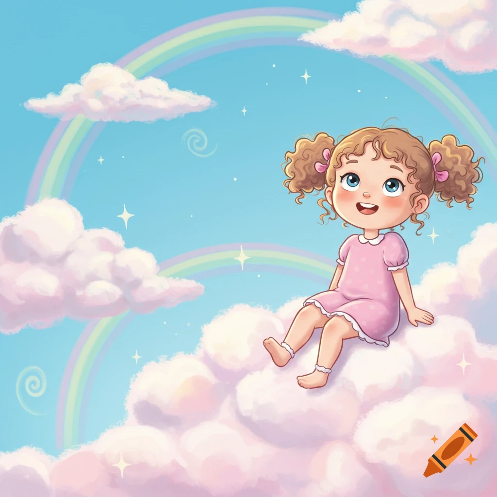 A cute cartoon little girl with pigtails in a pink dress smiles while sitting on a fluffy pink cloud in a blue sky with rainbows and stars.