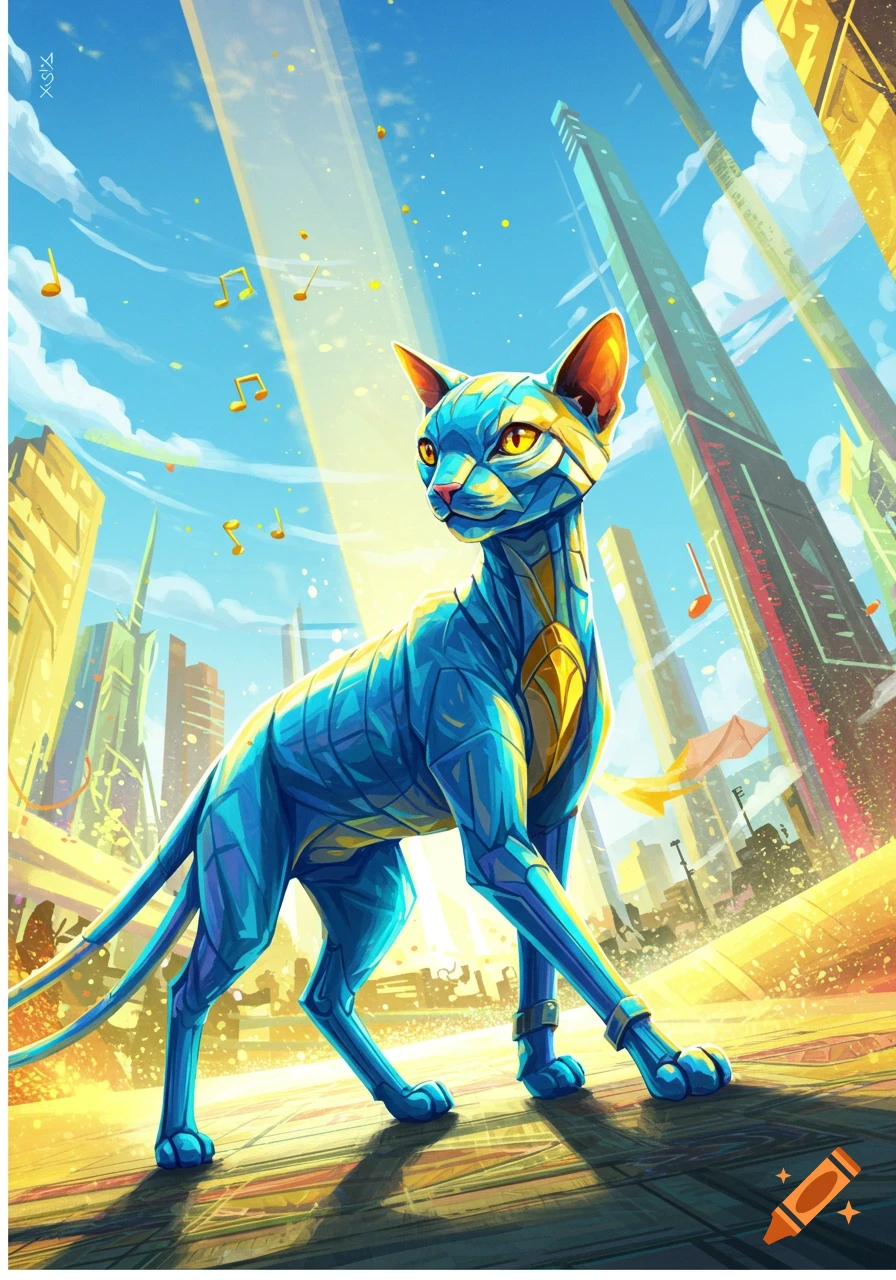 A stylized blue and yellow robotic cat stands in a bright, futuristic city with floating musical notes, digital art.