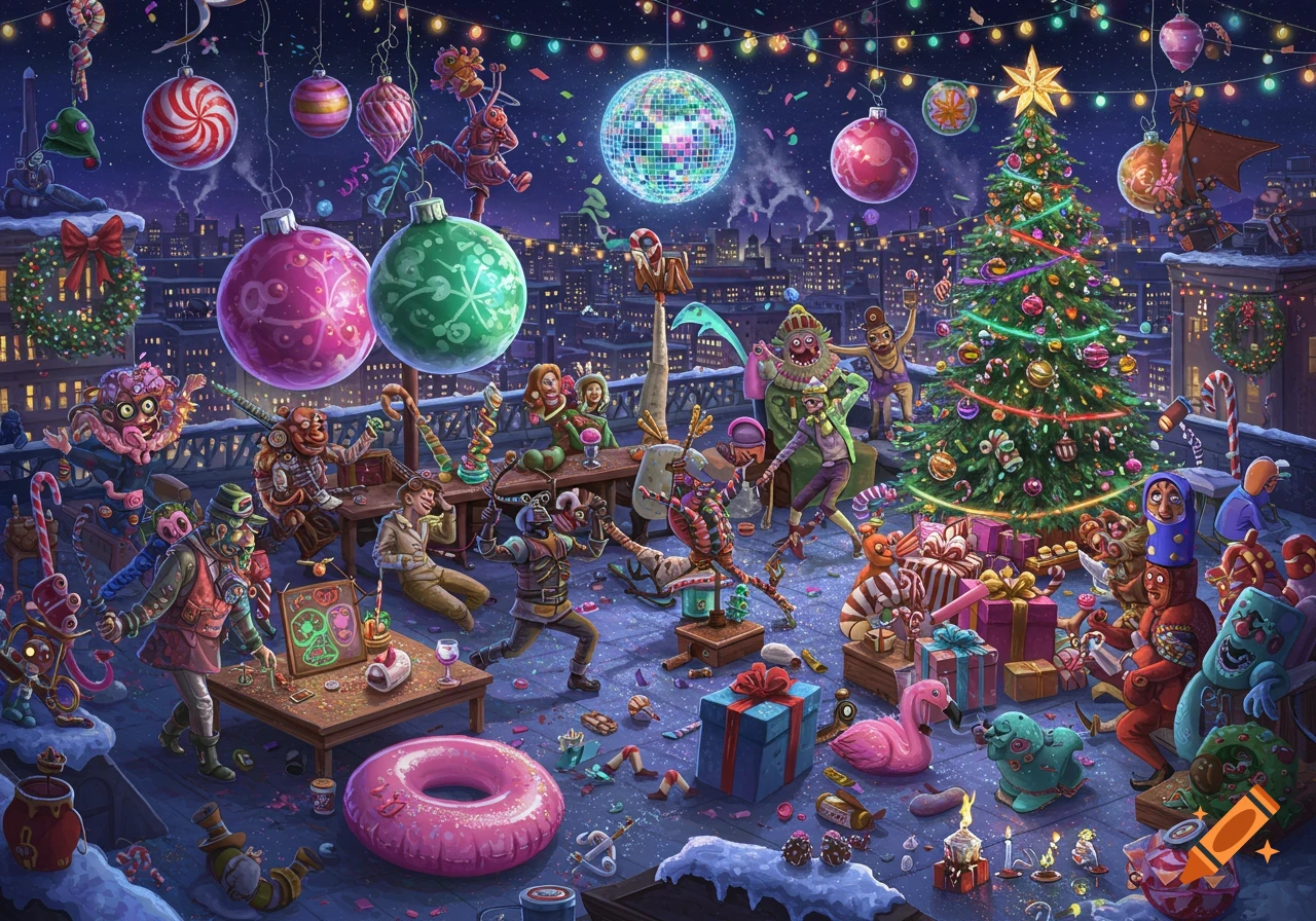 A vibrant, surreal Christmas party on a city rooftop at night, with fantastical creatures, a disco ball, and many presents.