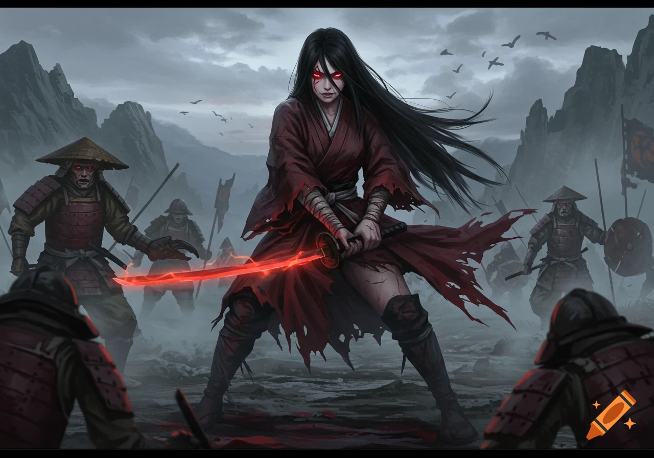 A powerful female warrior with long black hair and glowing red eyes wields a red glowing katana against samurai in a misty battlefield.