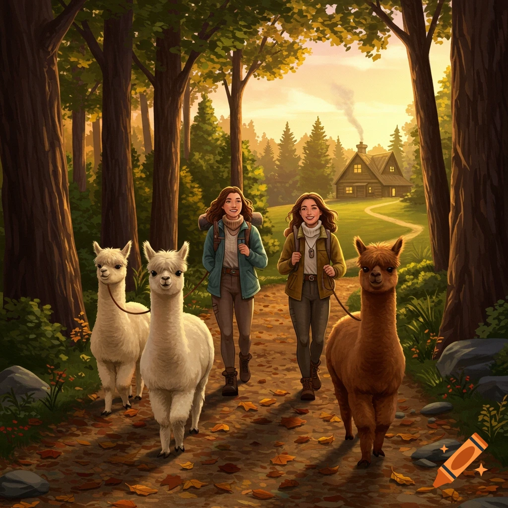 Two illustrated women hike with three alpacas on a leaf-strewn path through a sunlit forest towards a distant cabin.