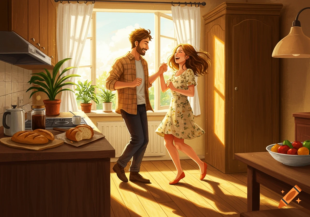 A smiling couple dances happily in a sunlit kitchen, a loaf of bread on the counter. Illustrated style.