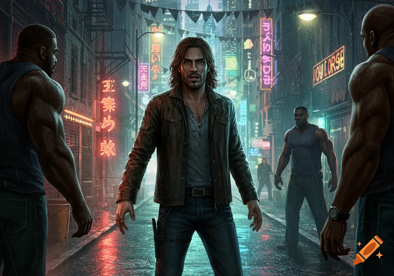 A man with long brown hair stands in a rainy, neon-lit city alley, confronted by several muscular men, digital art.