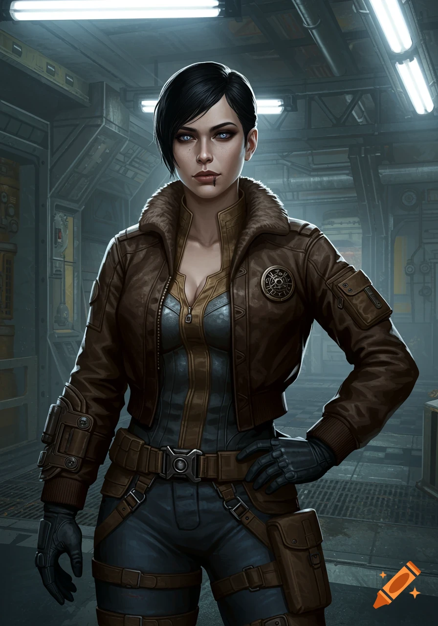 A female sci-fi character with short black hair and blue eyes, wearing a brown bomber jacket over a vault suit in a futuristic industrial setting.