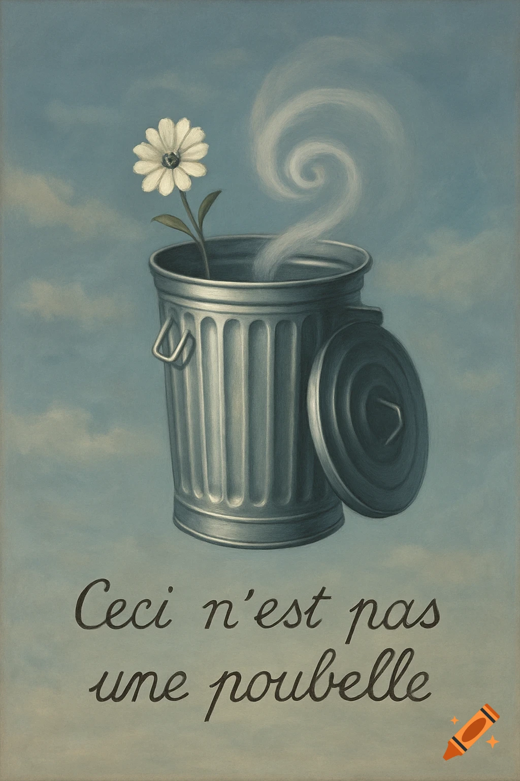Surreal painting of a metal trash can floating in a blue sky, with a white flower growing from it and steam curling out. Text: 'Ceci n'est pas une poubelle'.