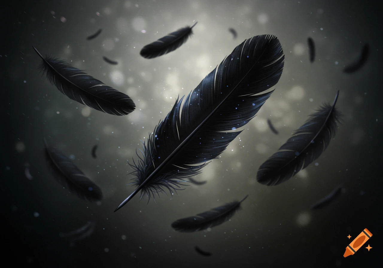 Several dark black feathers with blue specks falling against a blurry, dark, ethereal background with bokeh lights.
