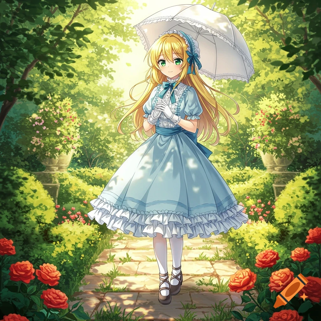 An anime girl with long blonde hair and green eyes, wearing a light blue Victorian dress, white gloves, and holding a white parasol, walks down a stone path in a lush garden with red roses.