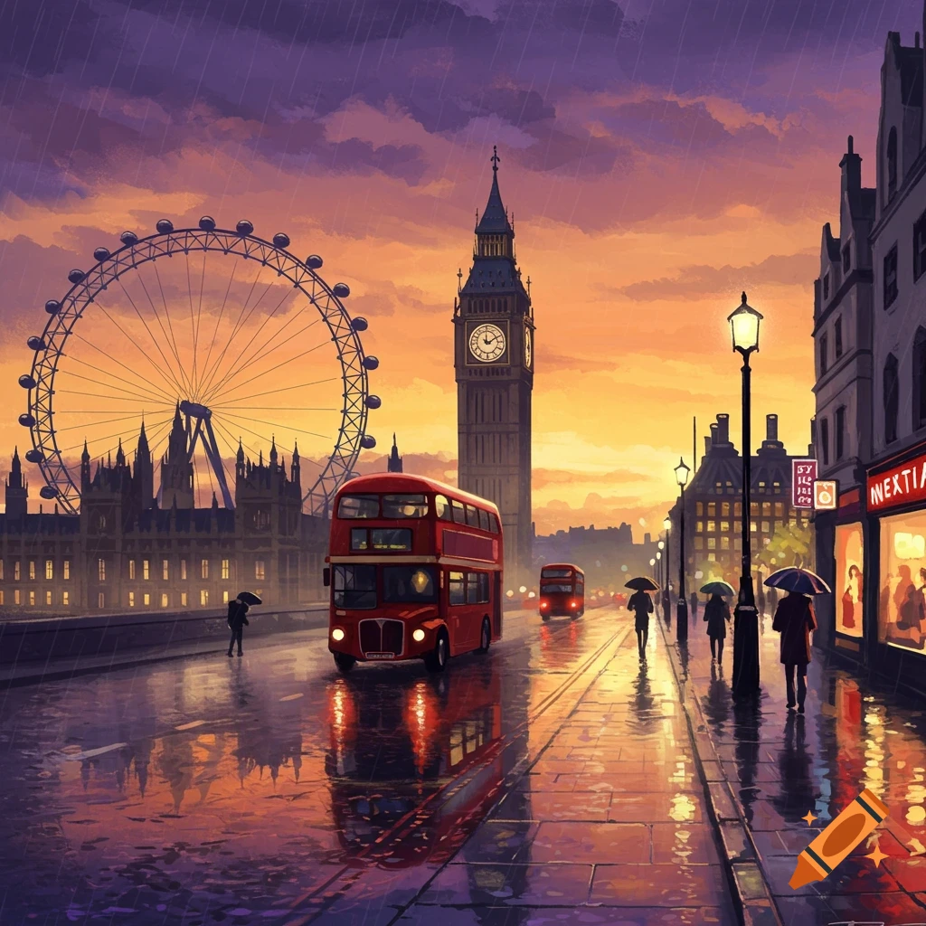 A colorful illustration of a rainy London street at sunset, featuring a red double-decker bus, Big Ben, and the London Eye.