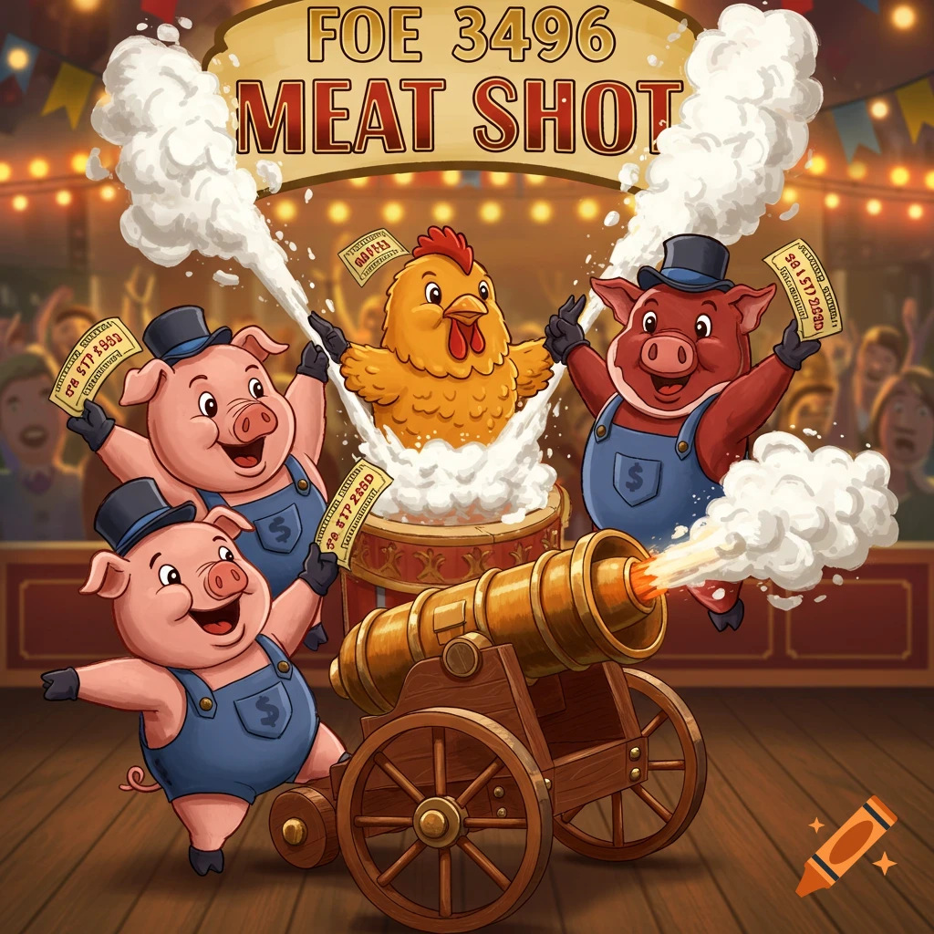 Cartoon pigs and a chicken celebrating while being shot from a cannon at a carnival, holding raffle tickets. Banner says "FOE 3496 MEAT SHOT".