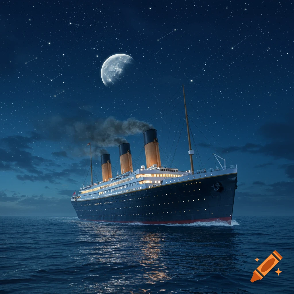 A large, illuminated ship sails on a dark ocean under a starry night sky with a crescent moon.