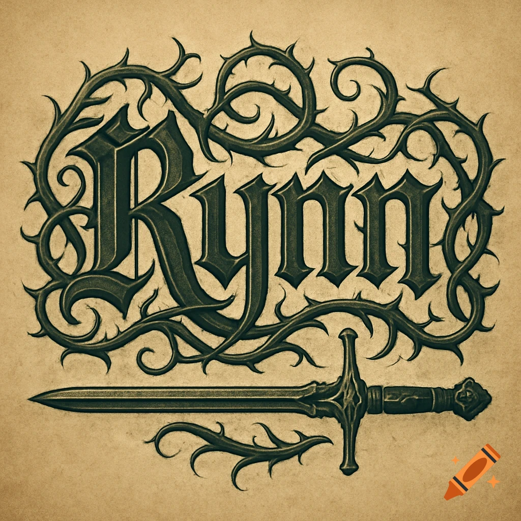 Gothic RYNN logo in thorny vines, underlined by a medieval sword, on a parchment background.