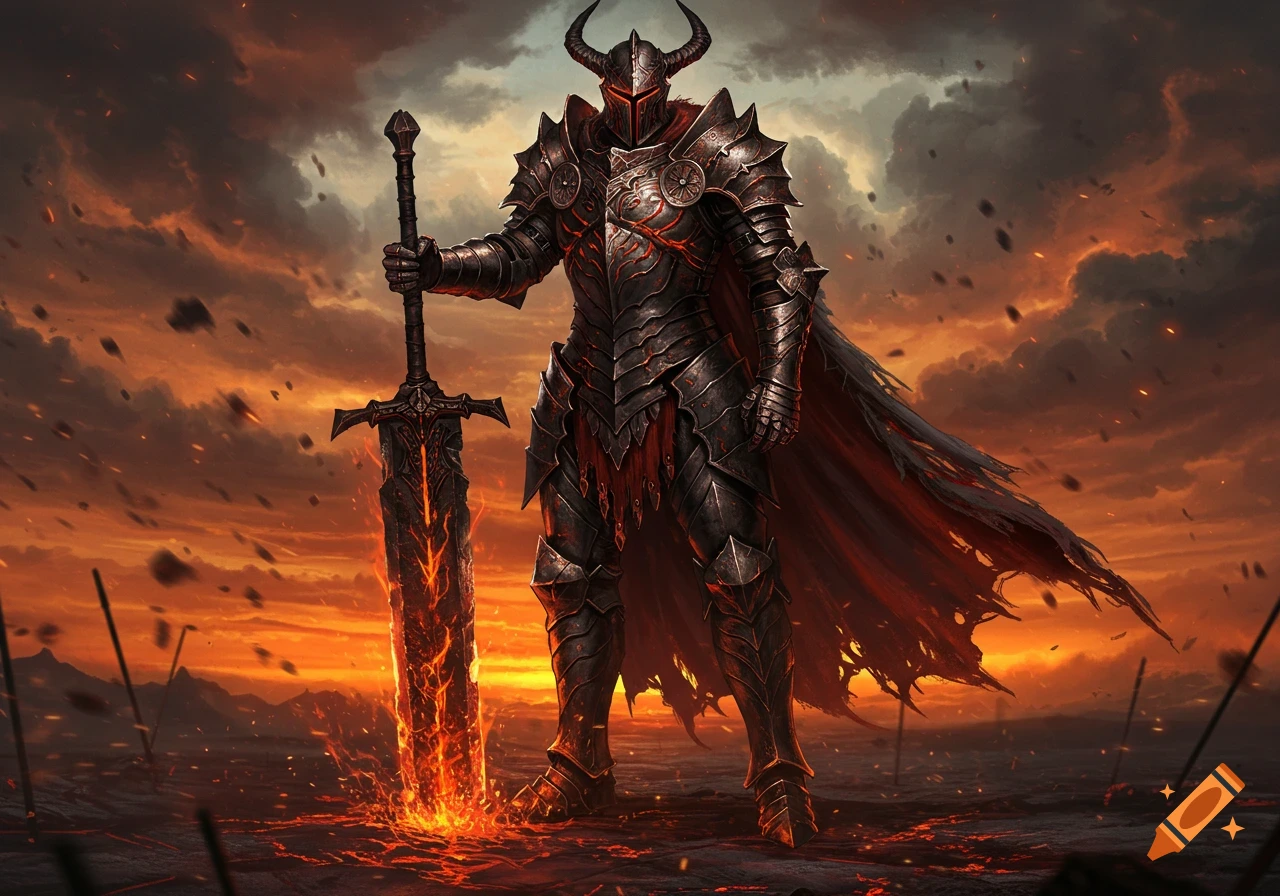 A horned warrior in dark armor stands in a fiery, desolate landscape, holding a giant glowing sword.