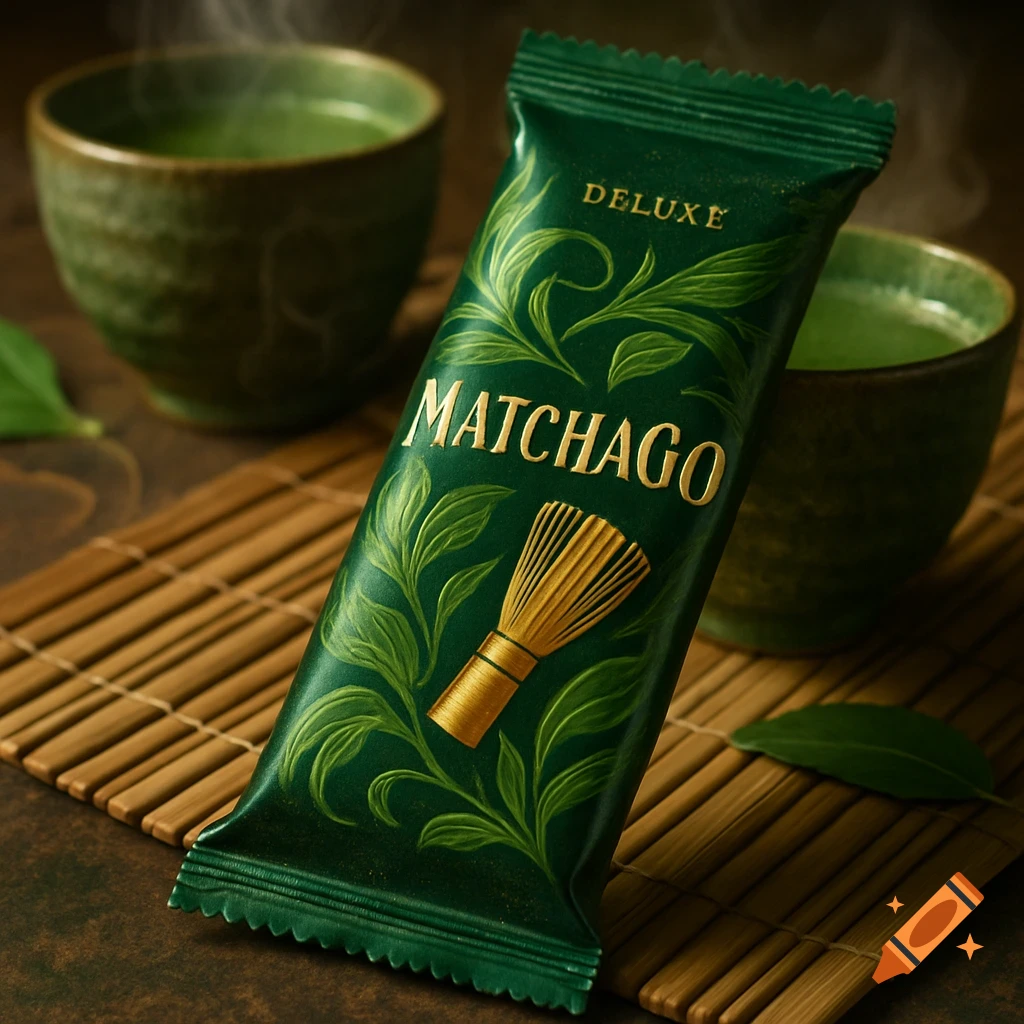 A dark green 'MATCHAGO' snack bar with a whisk logo, next to two cups of steaming matcha tea on a bamboo mat.