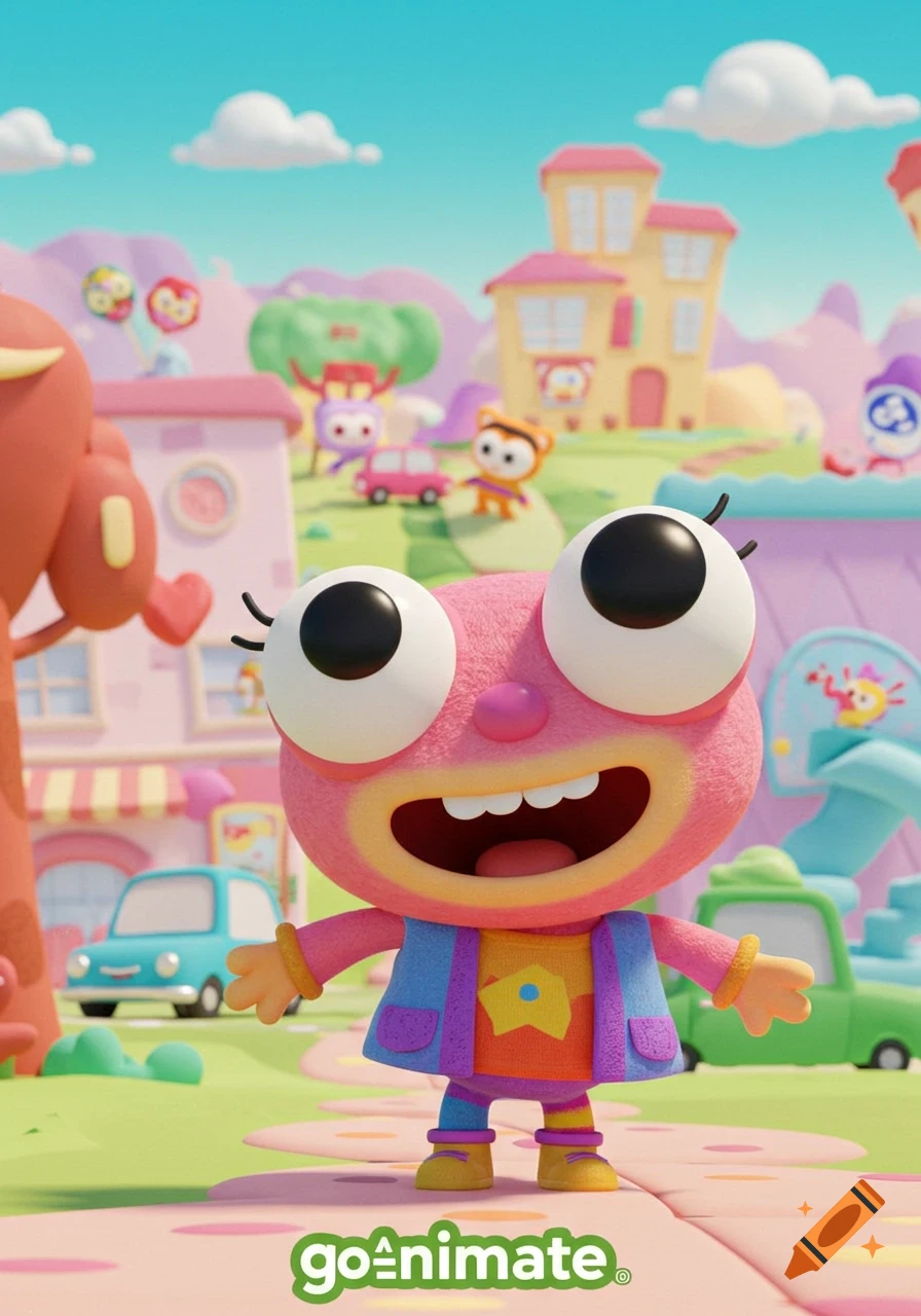 A happy pink cartoon monster in a vibrant animated town, with 'goanimate' at the bottom.