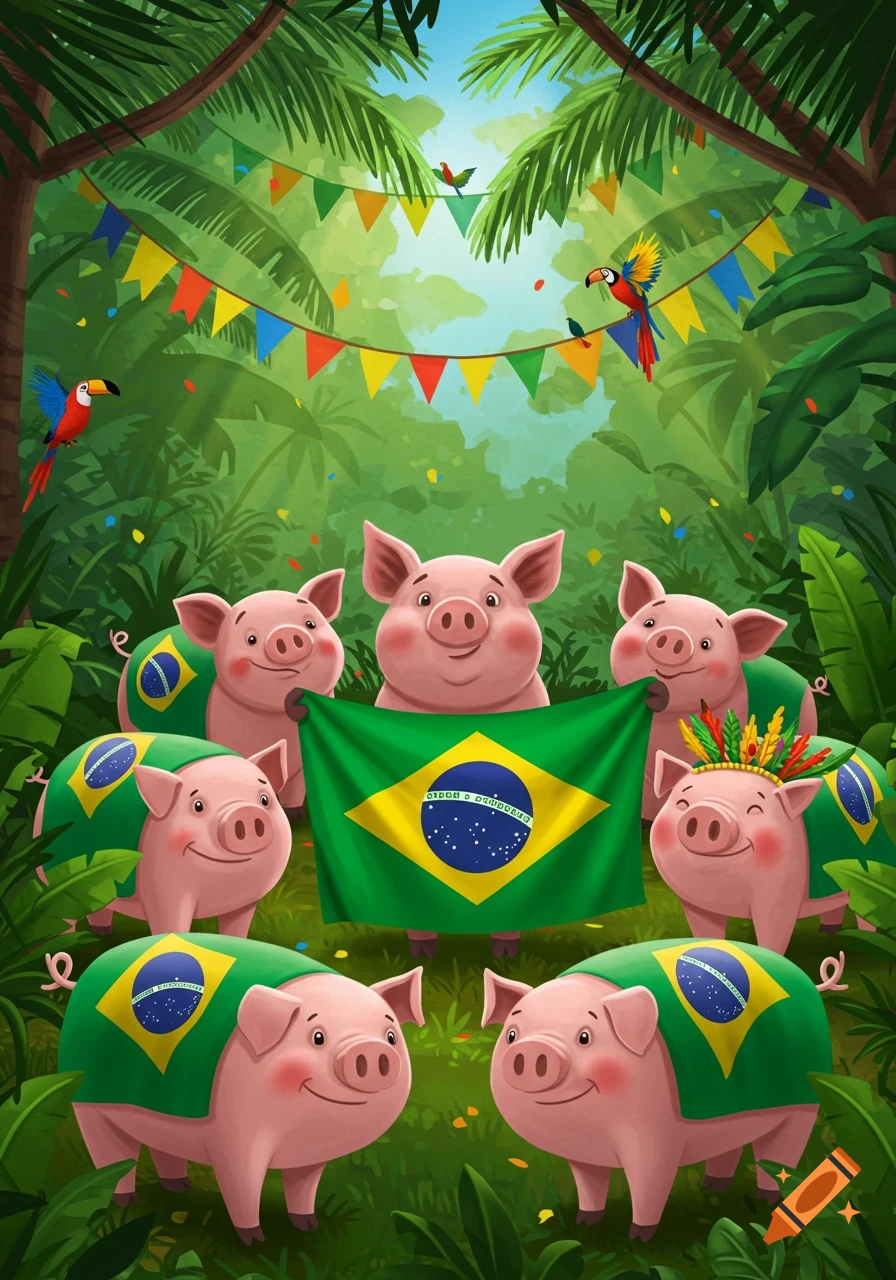Cartoon pigs in a jungle, some wearing Brazilian flag capes, one holding a large Brazilian flag, with festive banners and colorful birds.