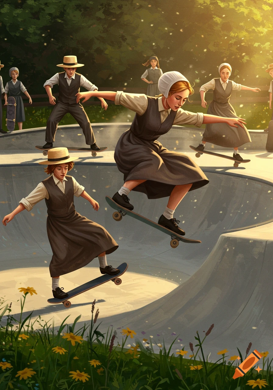 Amish men and women skateboard in a sunny outdoor skate park, illustrated.