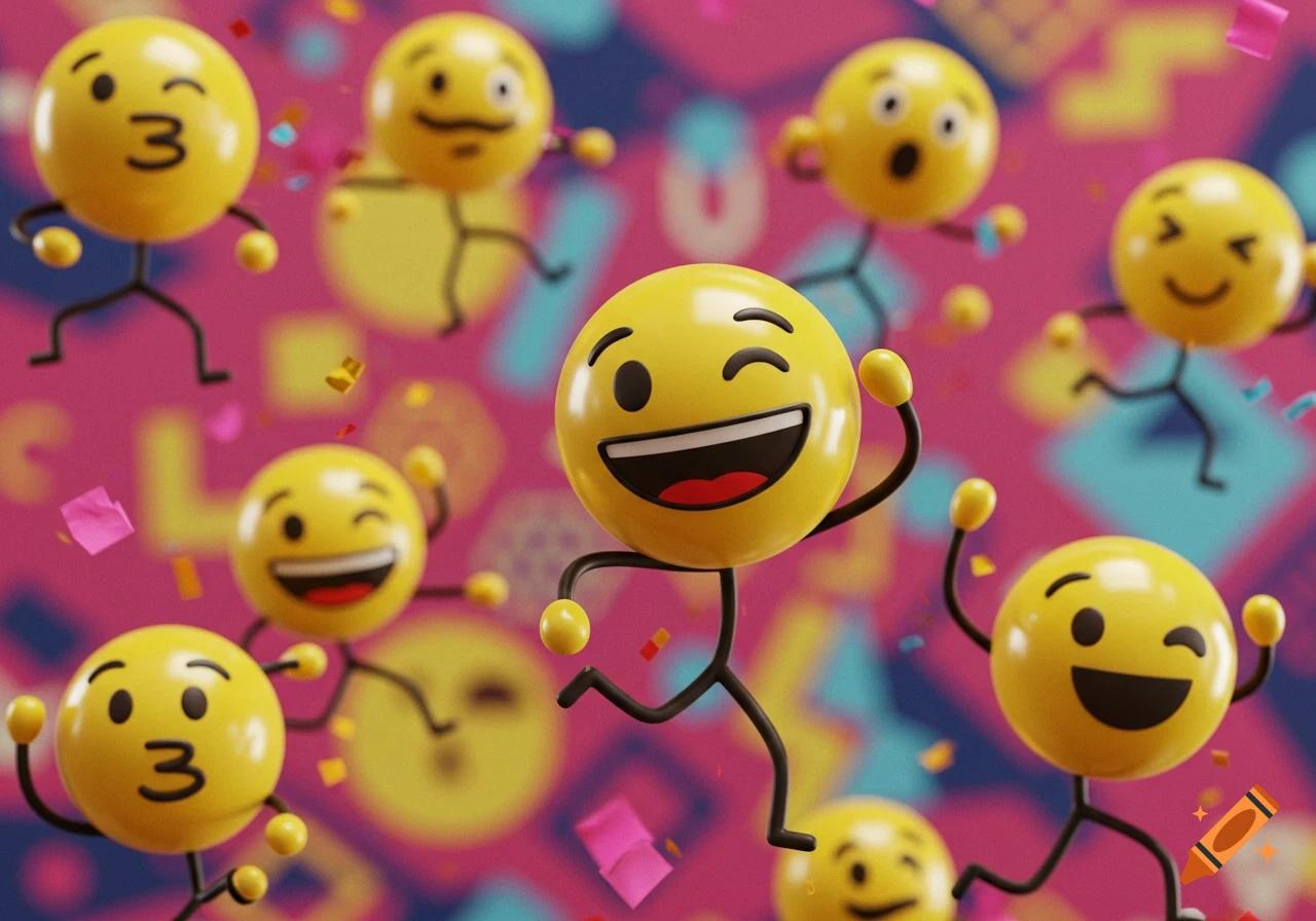 Multiple yellow emojis with stick figures dancing and winking against a vibrant, colorful background with confetti.
