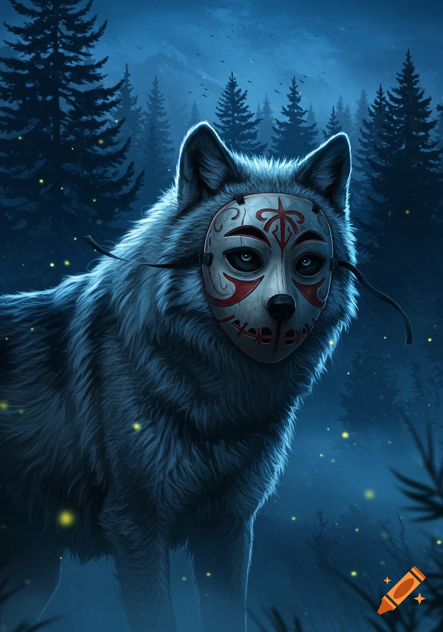 A white wolf with an ornate, red and white mask stands in a dark, misty forest with glowing fireflies.