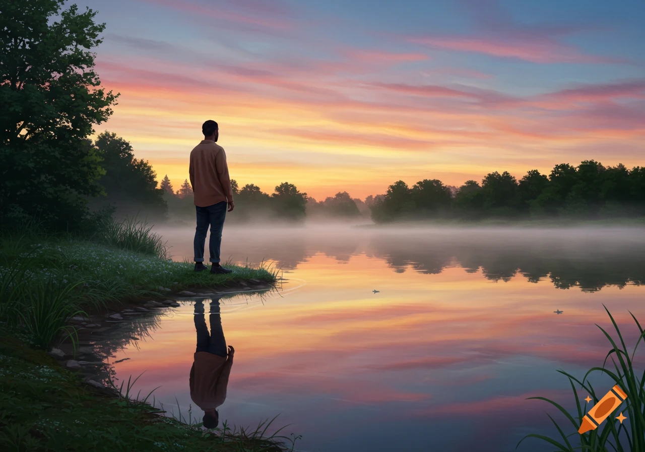 A man stands on a grassy bank looking out at a misty lake reflecting a colorful sunset sky.