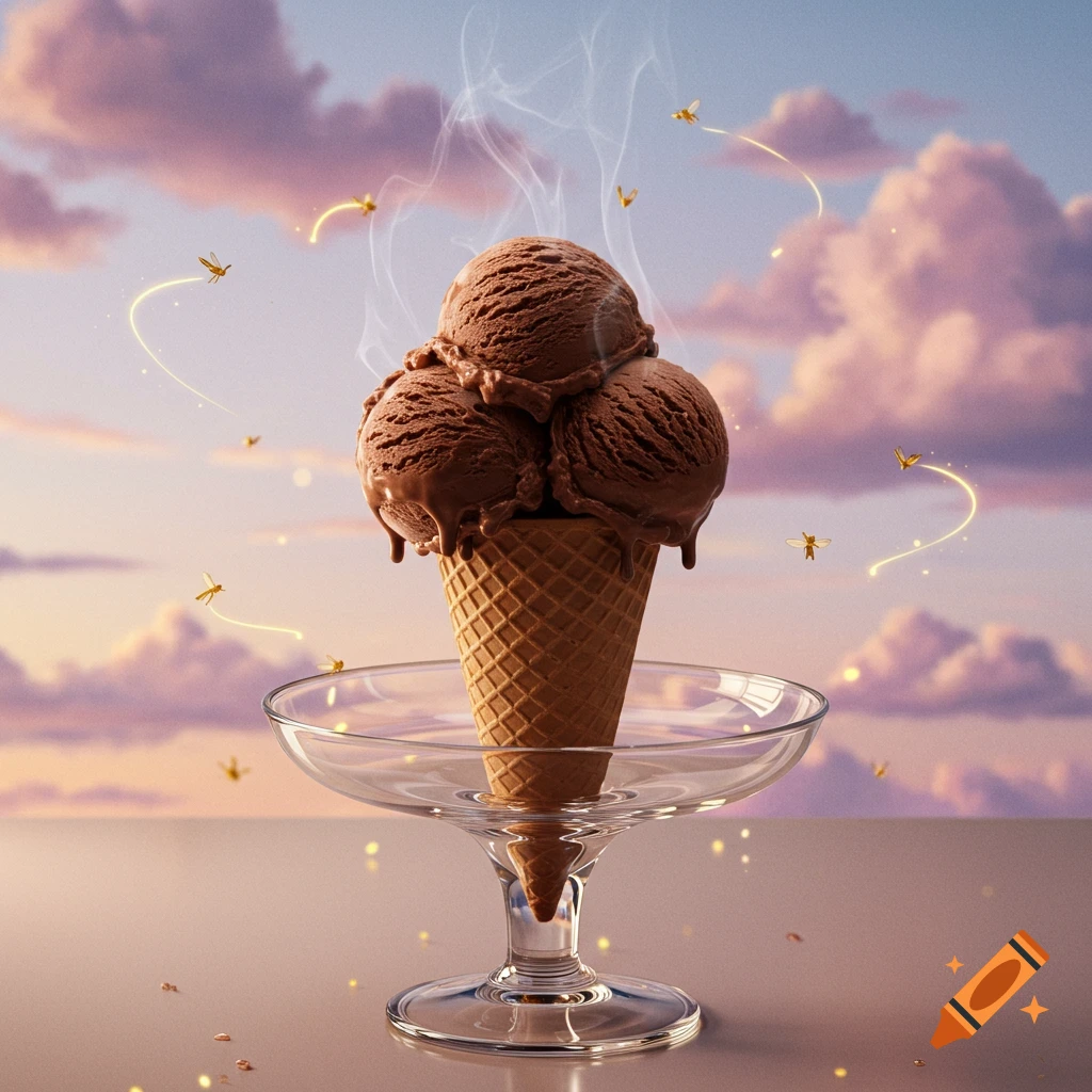 Three scoops of melting chocolate ice cream in a waffle cone with steam and glowing flies, set against a pastel cloudy sky.